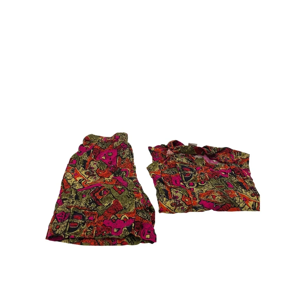 Vintage Great Escape 2 Piece Set Abstract Rayon Shirt Shorts Pink Orange Large
